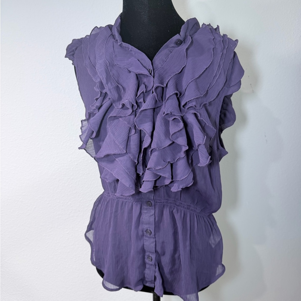 Miley Cyrus Max Azria Purple Ruffle Blouse XL Sheer Boho Y2K Top